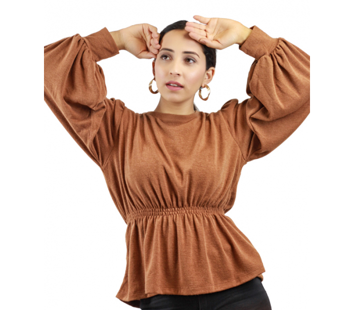 Pull femme manche bouffante Camel - Vongo.tn